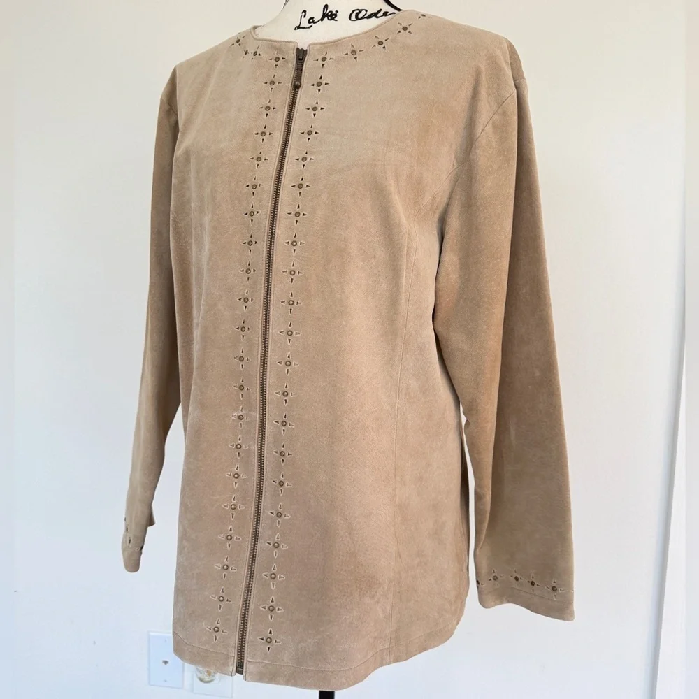 Cabela's‎ Blazer Studded Full Zip Suede Leather Tan Sz L Boho western Core